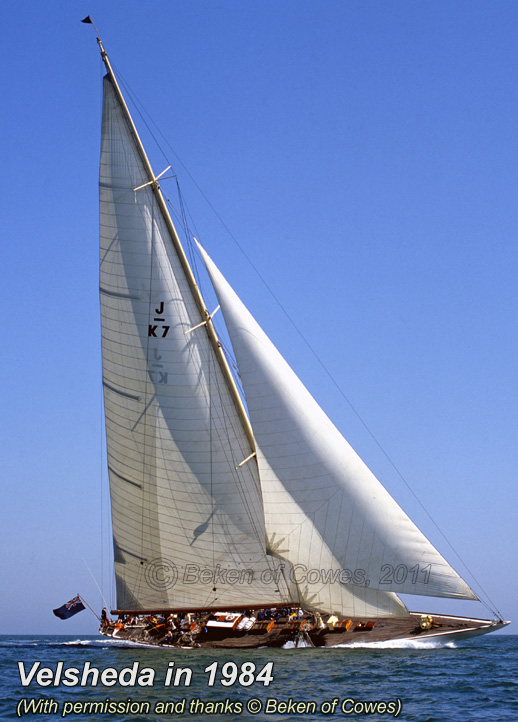 Velsheda 1984, making way under full sail. (Photo by Beken of Cowes, click link to visit their website for more details)